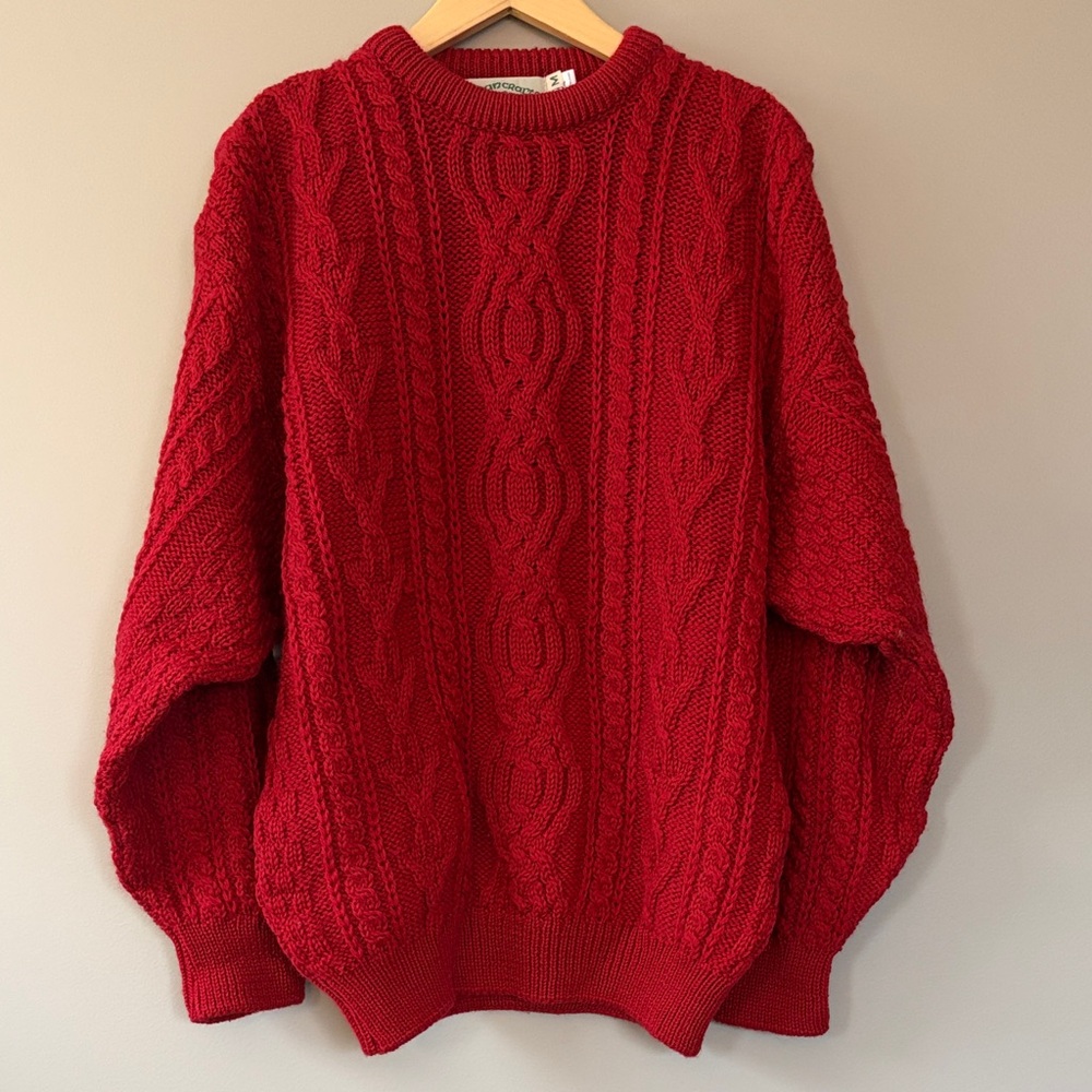 Aran Crafts 100% Irish Wool‎ Cableknit Pullover Sweater Jumper Size Medium Red